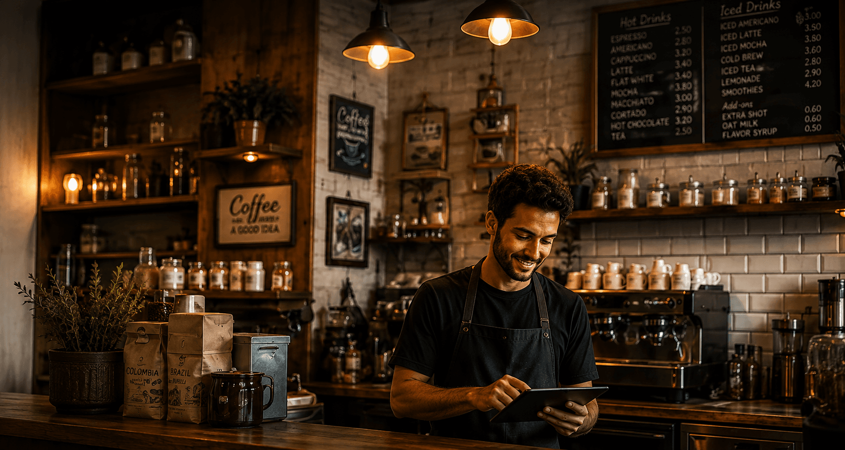A barista behind the counter of an independent coffee shop